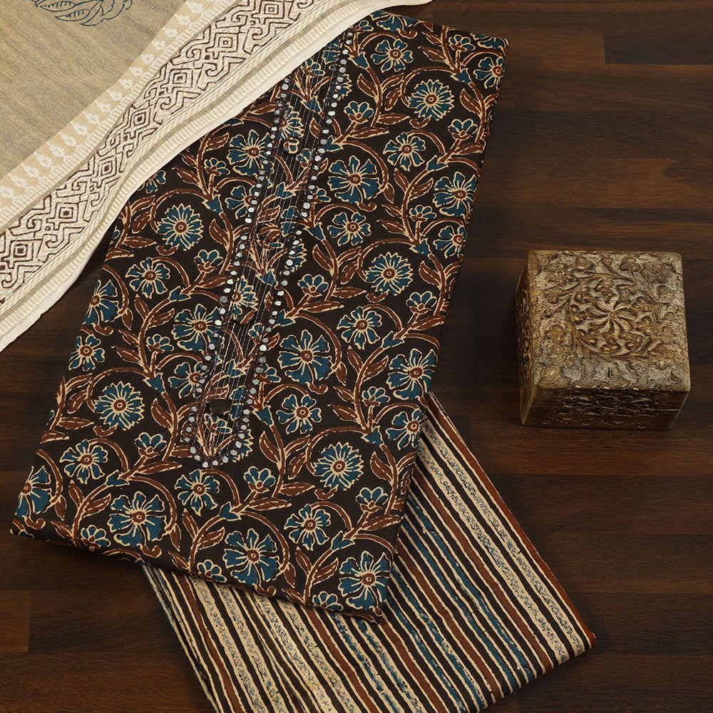 Ethnic Floral Print Cotton Suit Set with Foil Thread Embroidery & Printed Dupatta