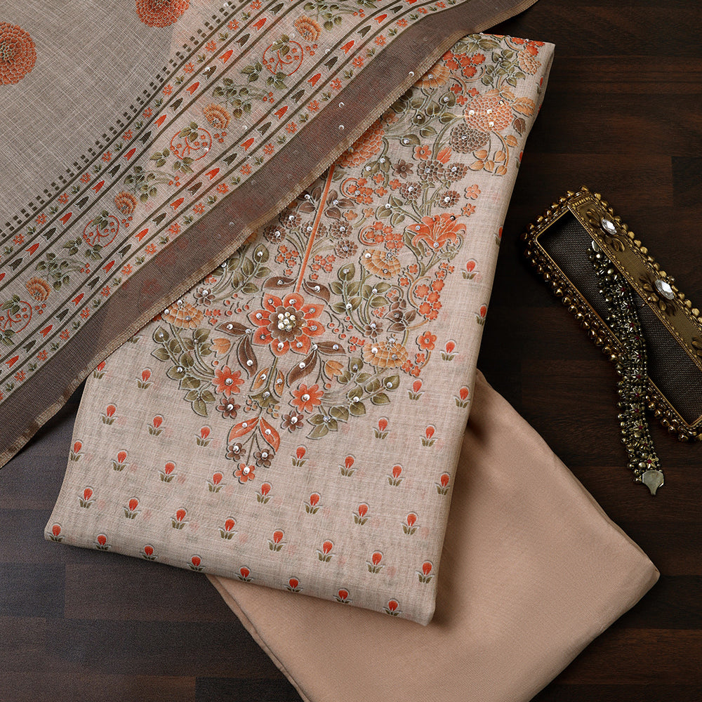 Linen Cotton Unstitched Suit With Sequins Note Work