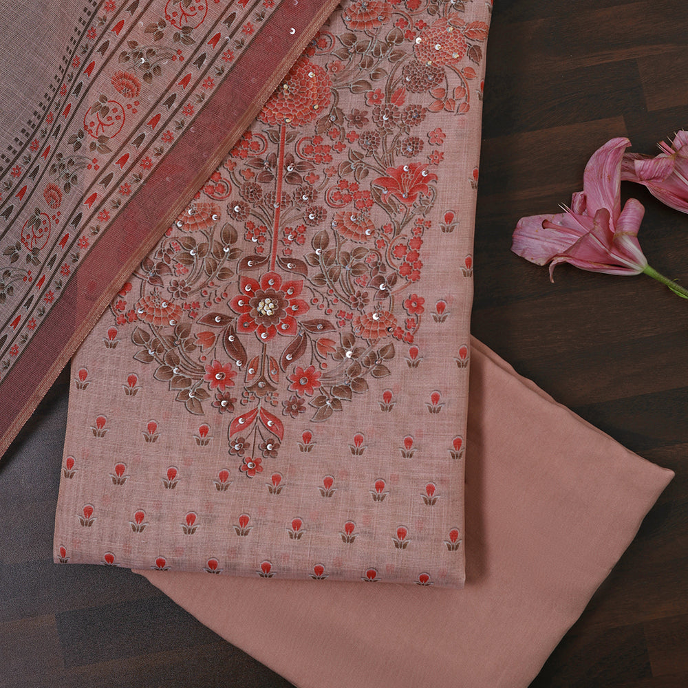 Linen Cotton Unstitched Suit With Sequins Note Work