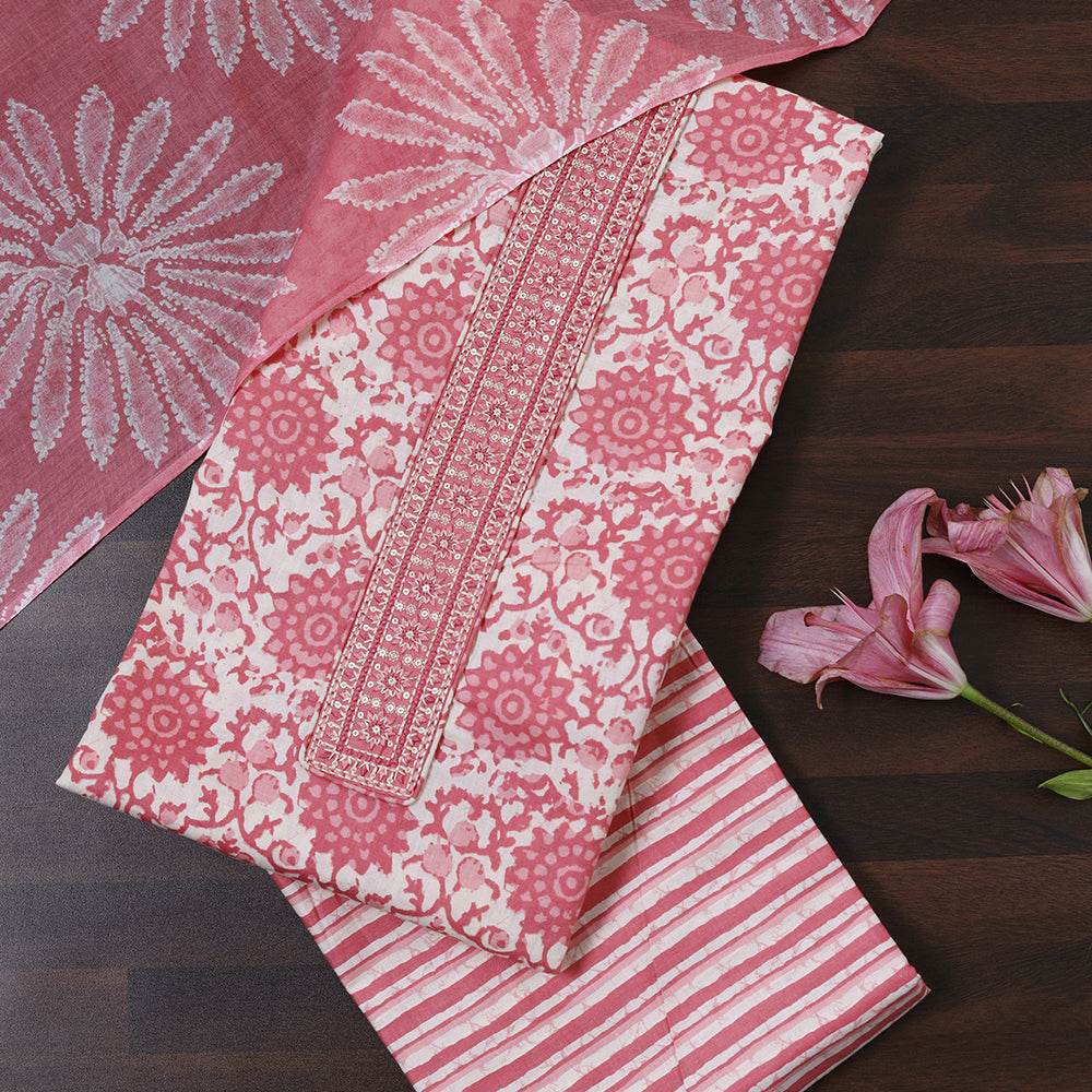 Printed Cotton Unstitched Suit with Stylish Neck Patch