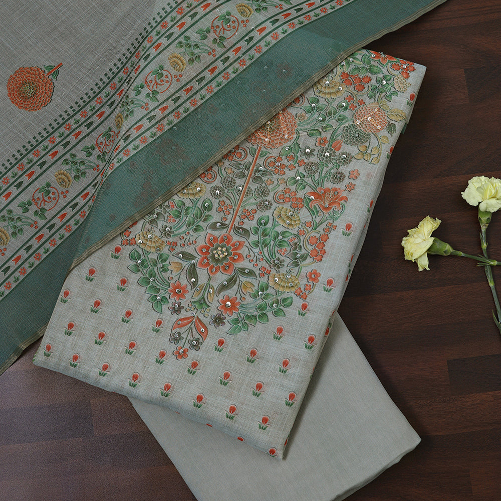 Linen Cotton Unstitched Suit With Sequins Note Work