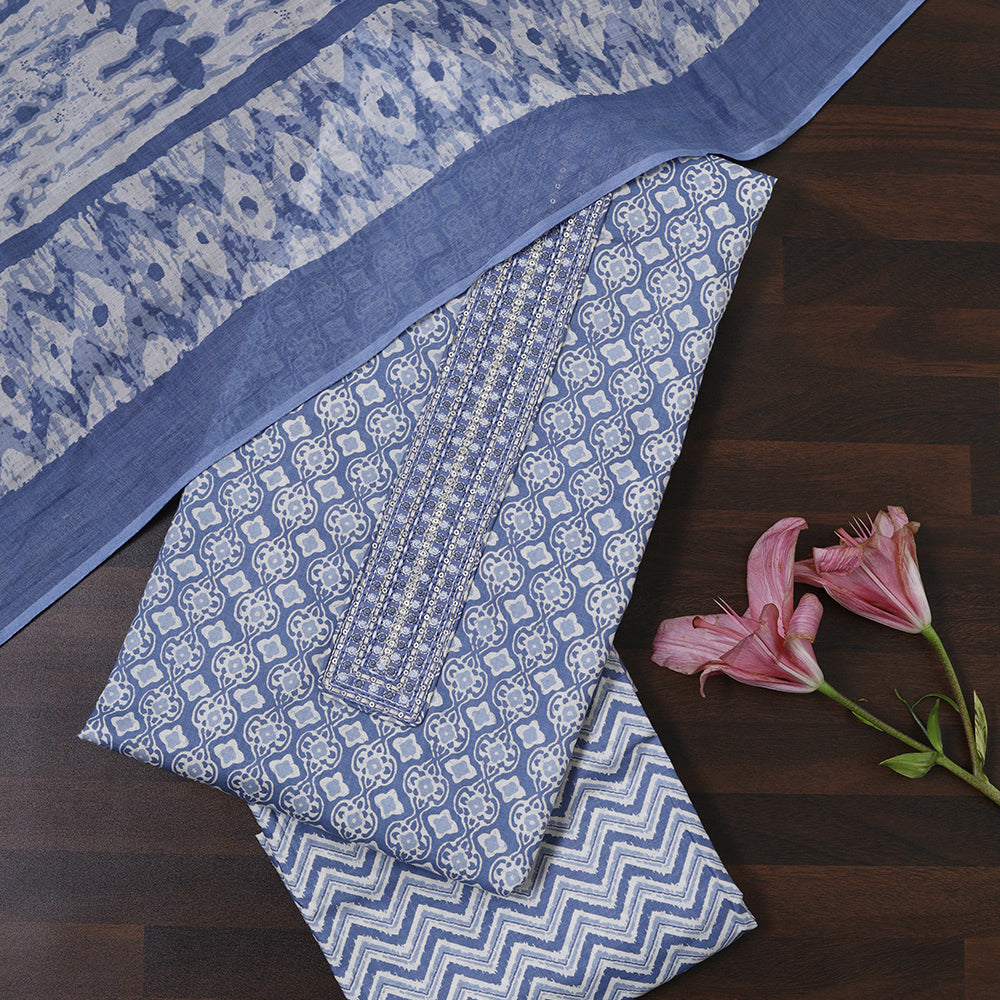 Printed Cotton Unstitched Suit with Stylish Neck Patch