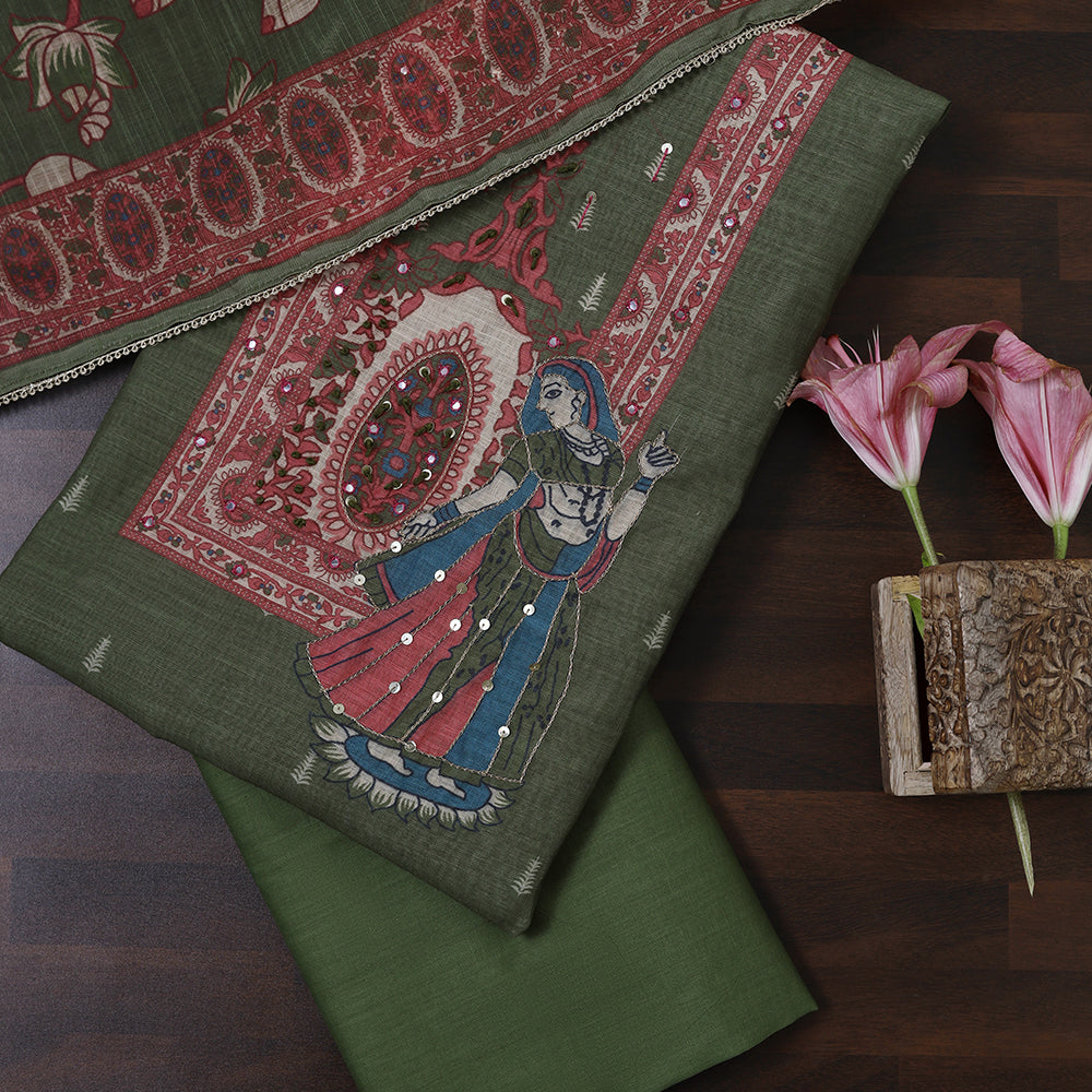 Linen Cotton Unstitched Suit with Hand-Worked Sequins Kasab Yoke