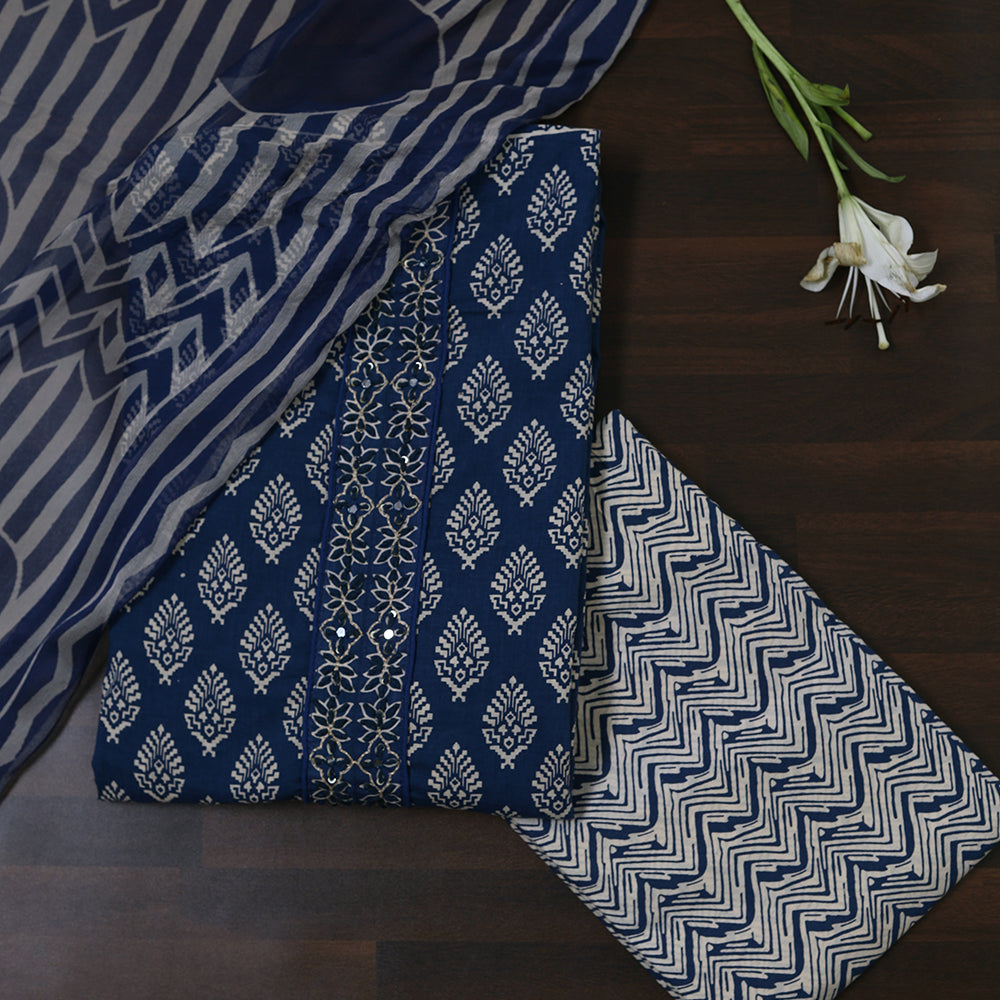 Printed Cotton Unstitched Suit with Stylish Neck Patch