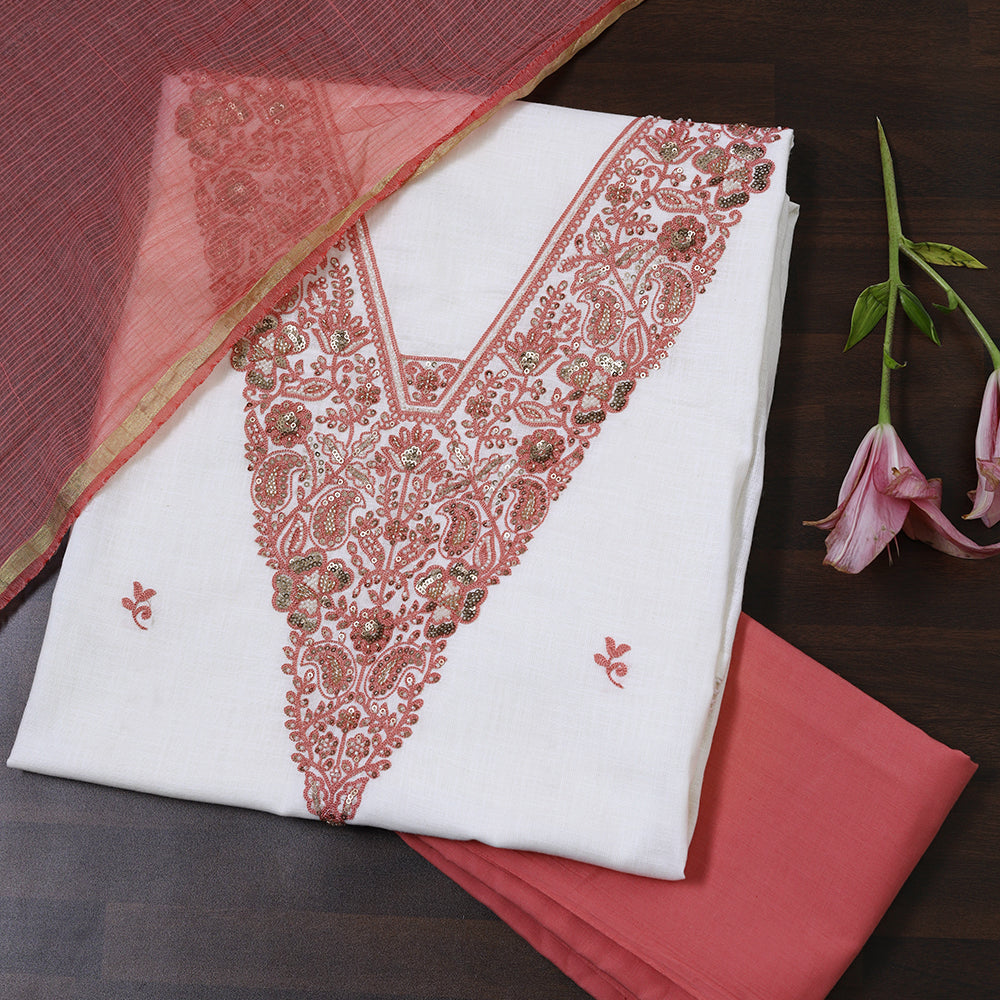 White Linen Cotton Unstitched Suit with Hand Embroidery
