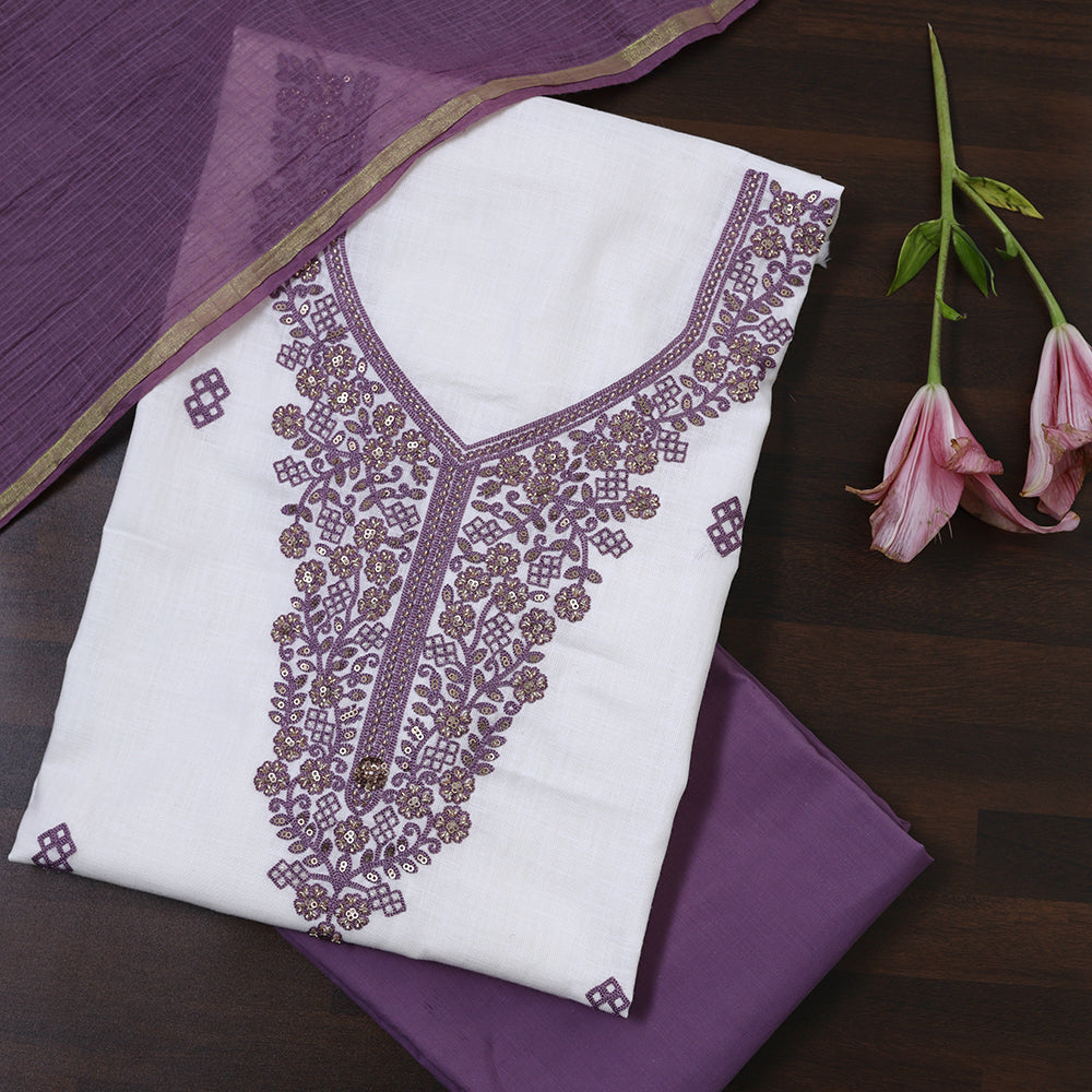 White Linen Cotton Unstitched Suit with Hand Embroidery