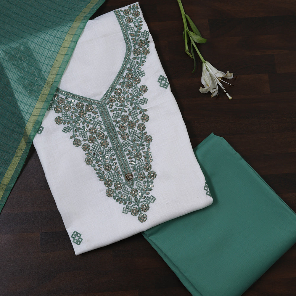 White Linen Cotton Unstitched Suit with Hand Embroidery