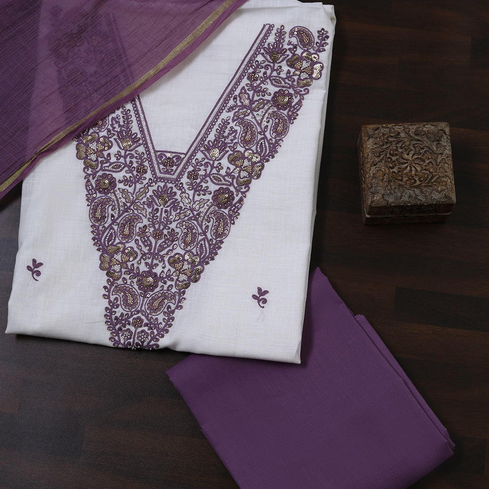 White Linen Cotton Unstitched Suit with Hand Embroidery