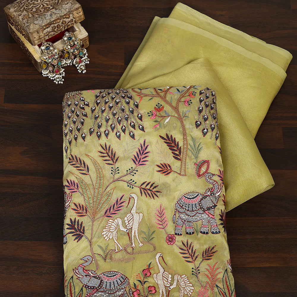 The Enchanted Forest Hand-Embroidered Tissue Silk Saree with Animal & Bird Motifs