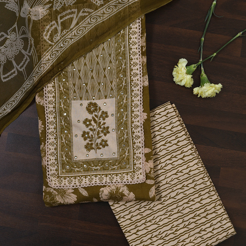 Printed Cotton Unstitched Suit with Neck Patch