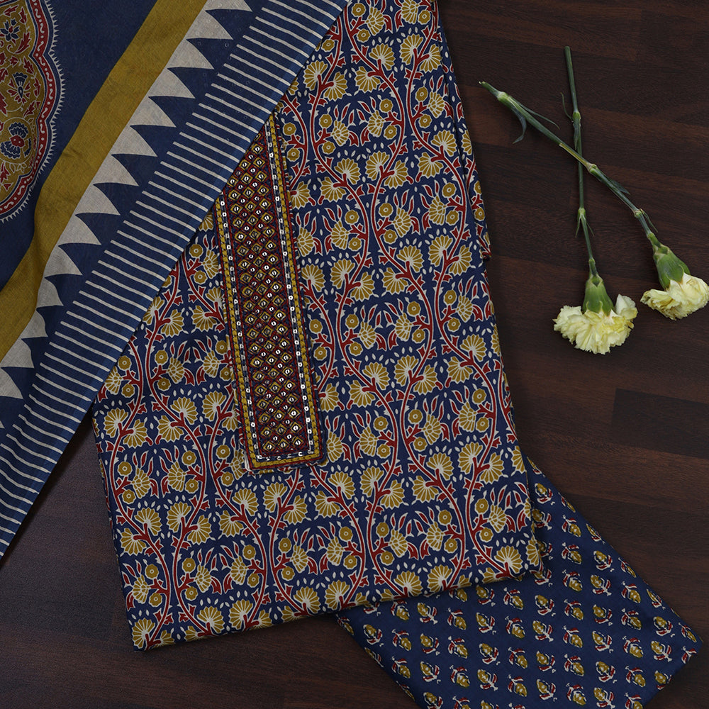 Ethnic Floral Print Cotton Suit Set with Foil Thread Embroidery & Printed Dupatta
