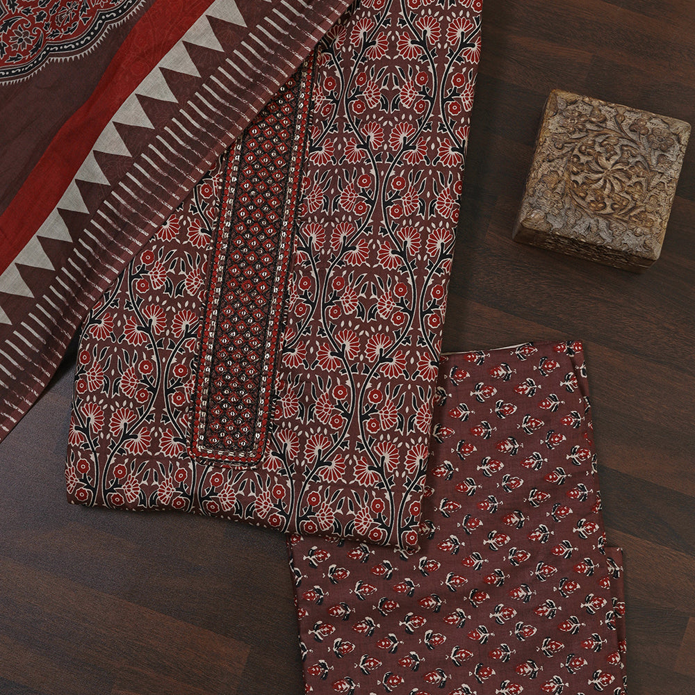 Ethnic Floral Print Cotton Suit Set with Foil Thread Embroidery & Printed Dupatta