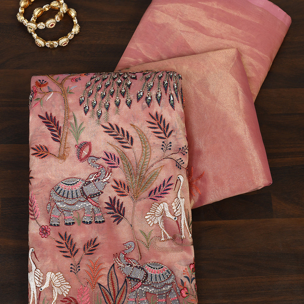 The Enchanted Forest Hand-Embroidered Tissue Silk Saree with Animal & Bird Motifs