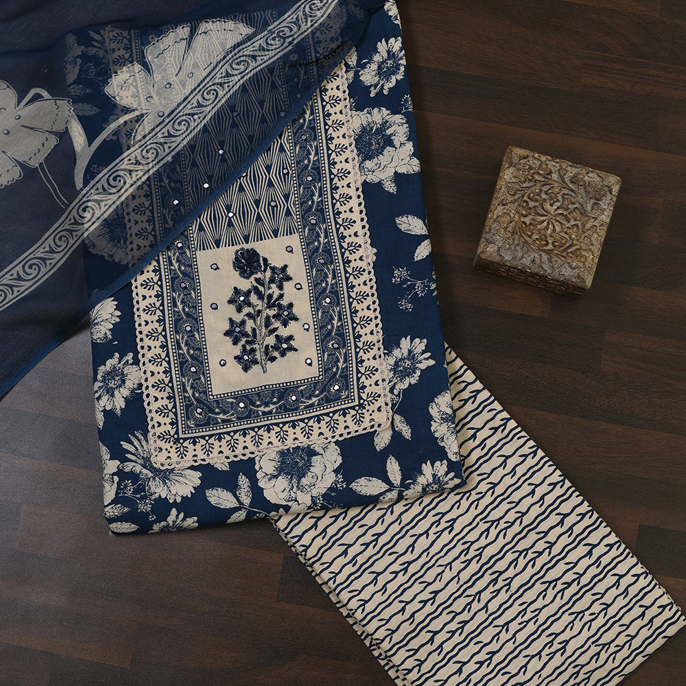 Printed Cotton Unstitched Suit with Neck Patch