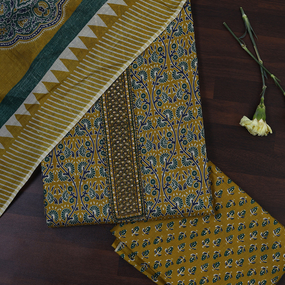 Ethnic Floral Print Cotton Suit Set with Foil Thread Embroidery & Printed Dupatta