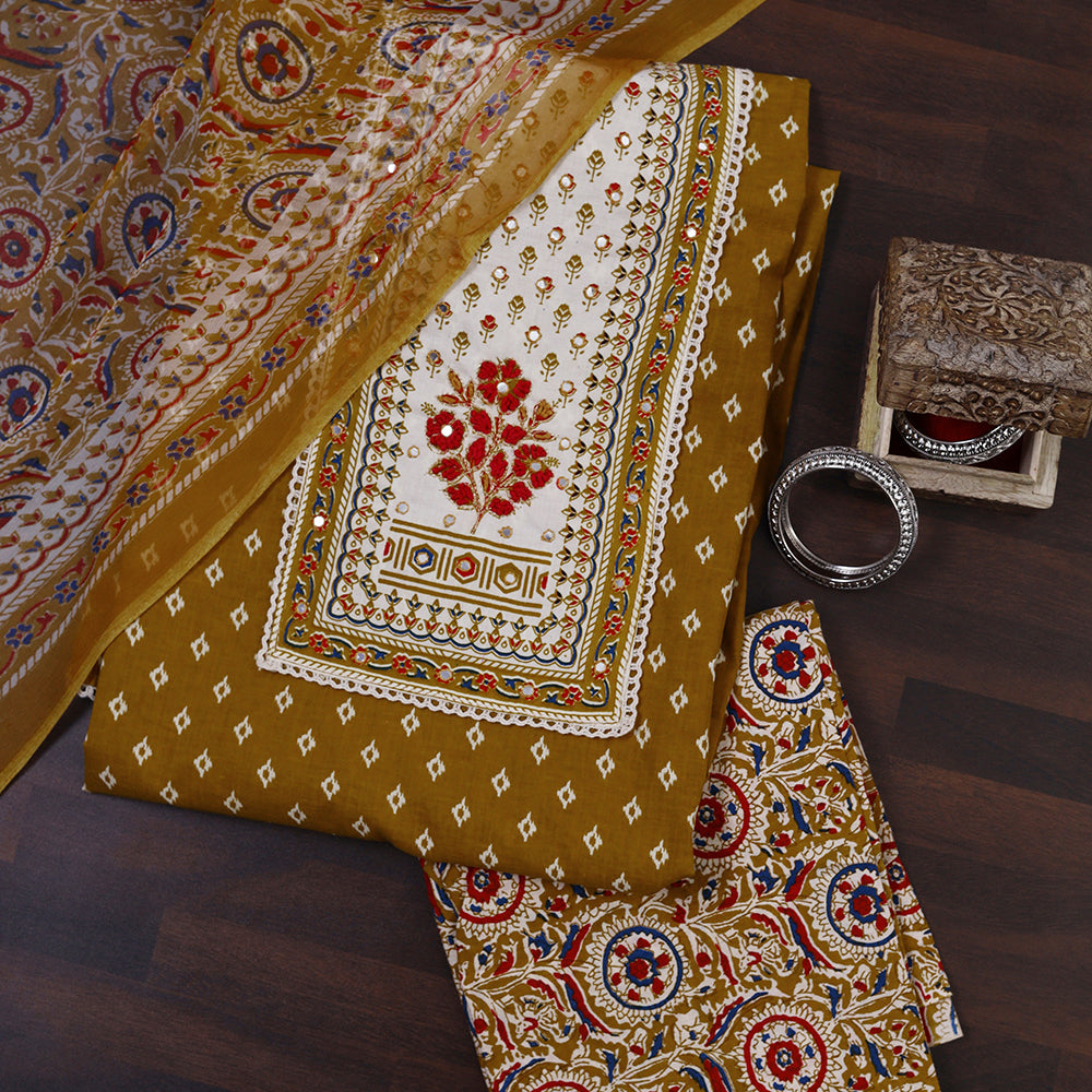 Unstitched Suit with Intricate Thread Neck Patch & Printed Chiffon Dupatta