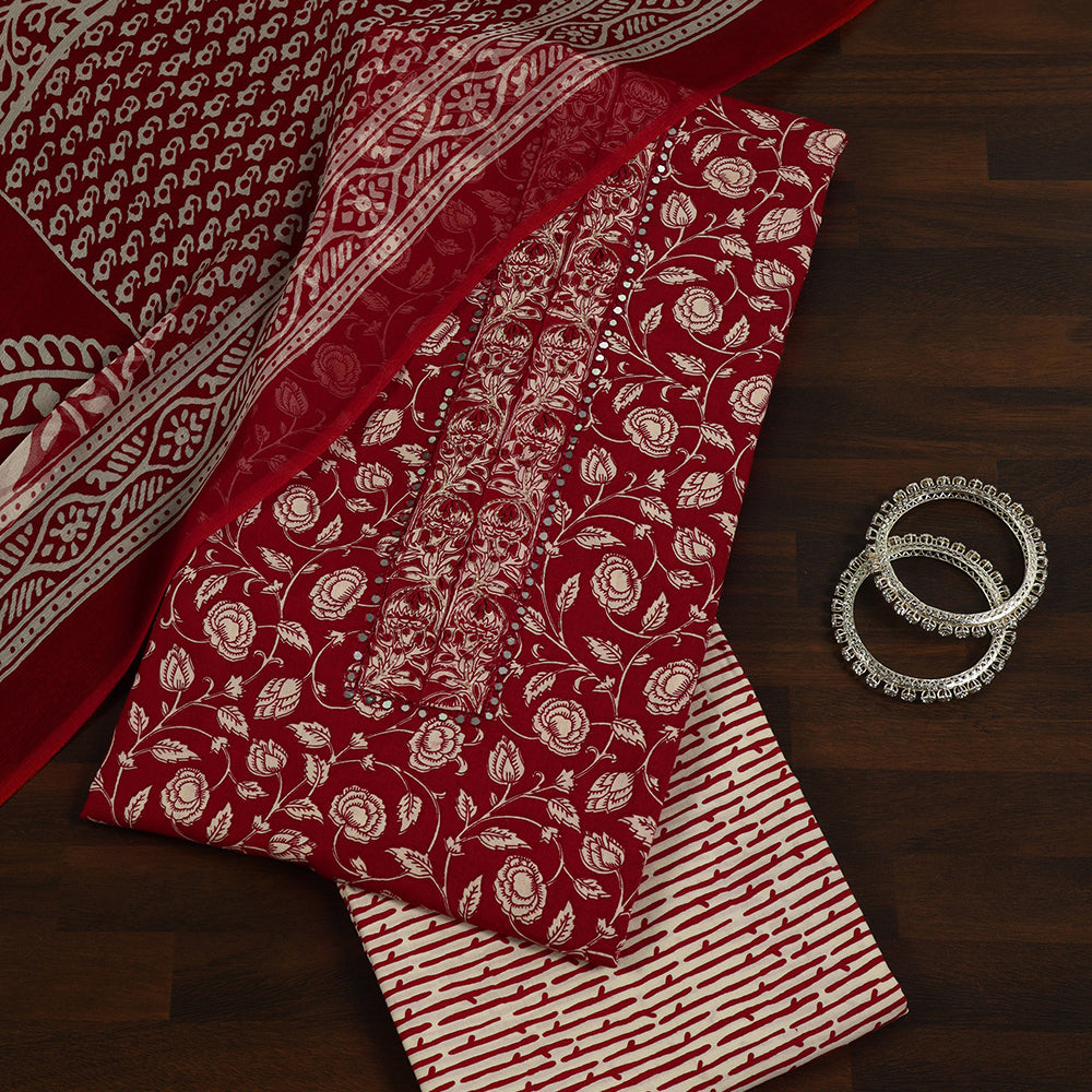 Printed Cotton Unstitched Suit with Neck Patch