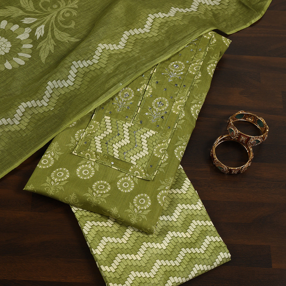 Floral Print Cotton Unstitched Suit with Zari & Sequin Work