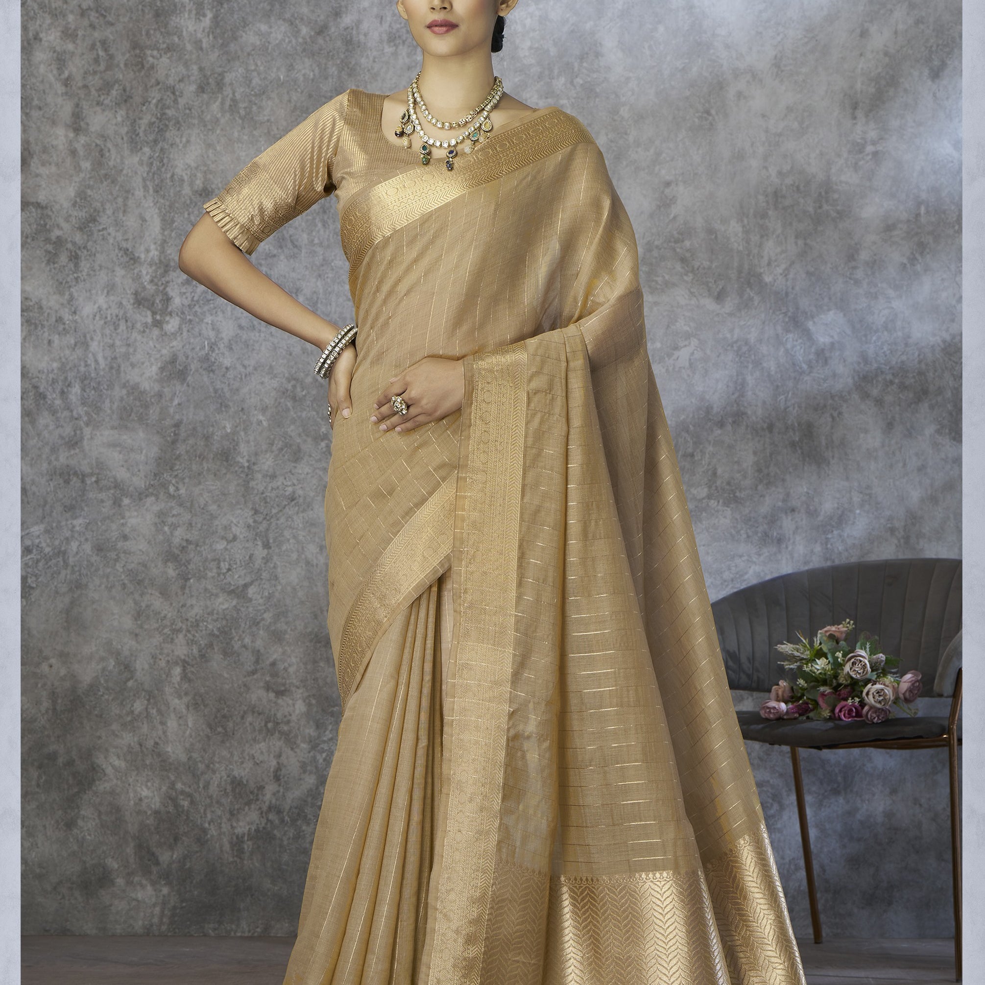 Silk Blend Saree with Gold Zari Border