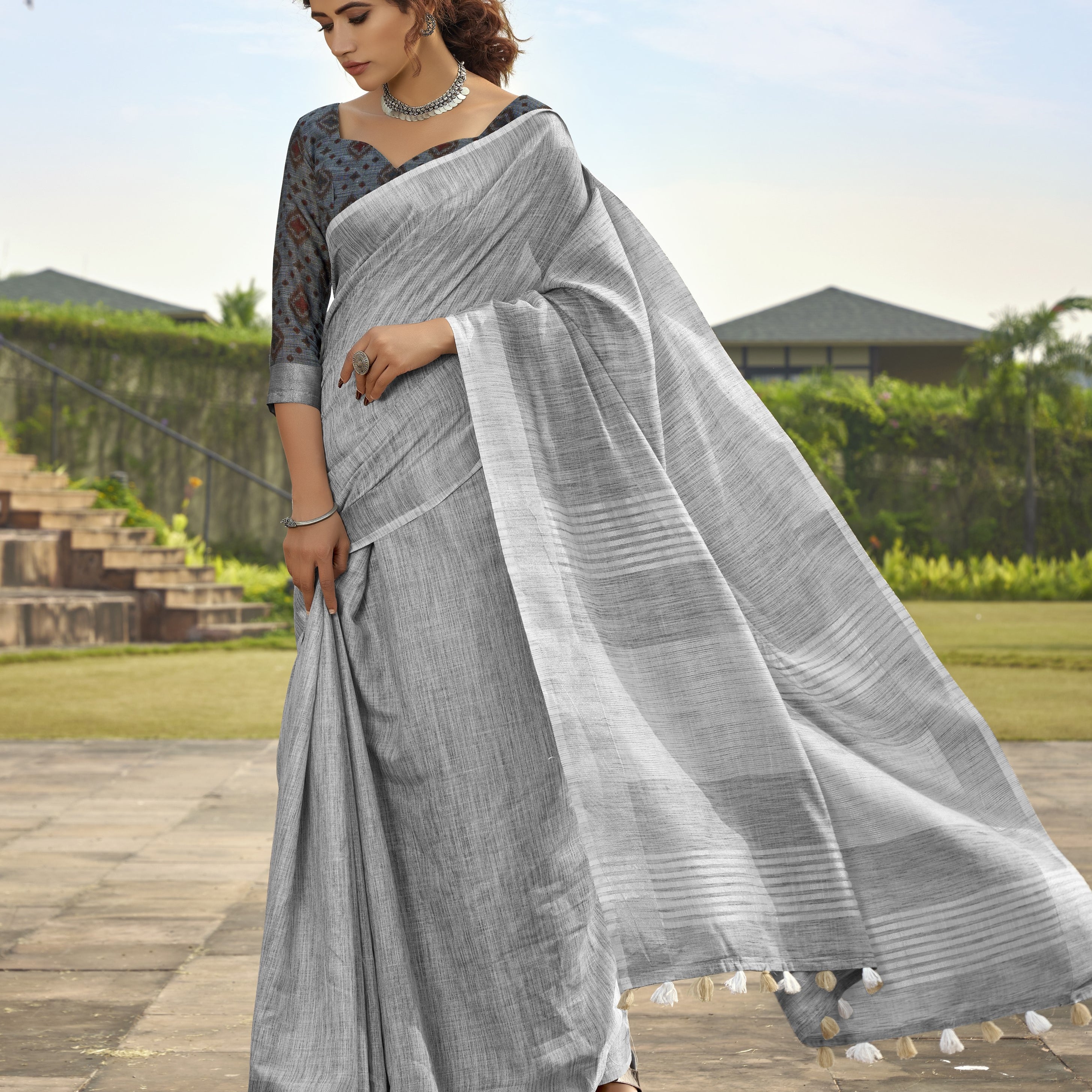 Silk Saree with a Touch of Silver Border