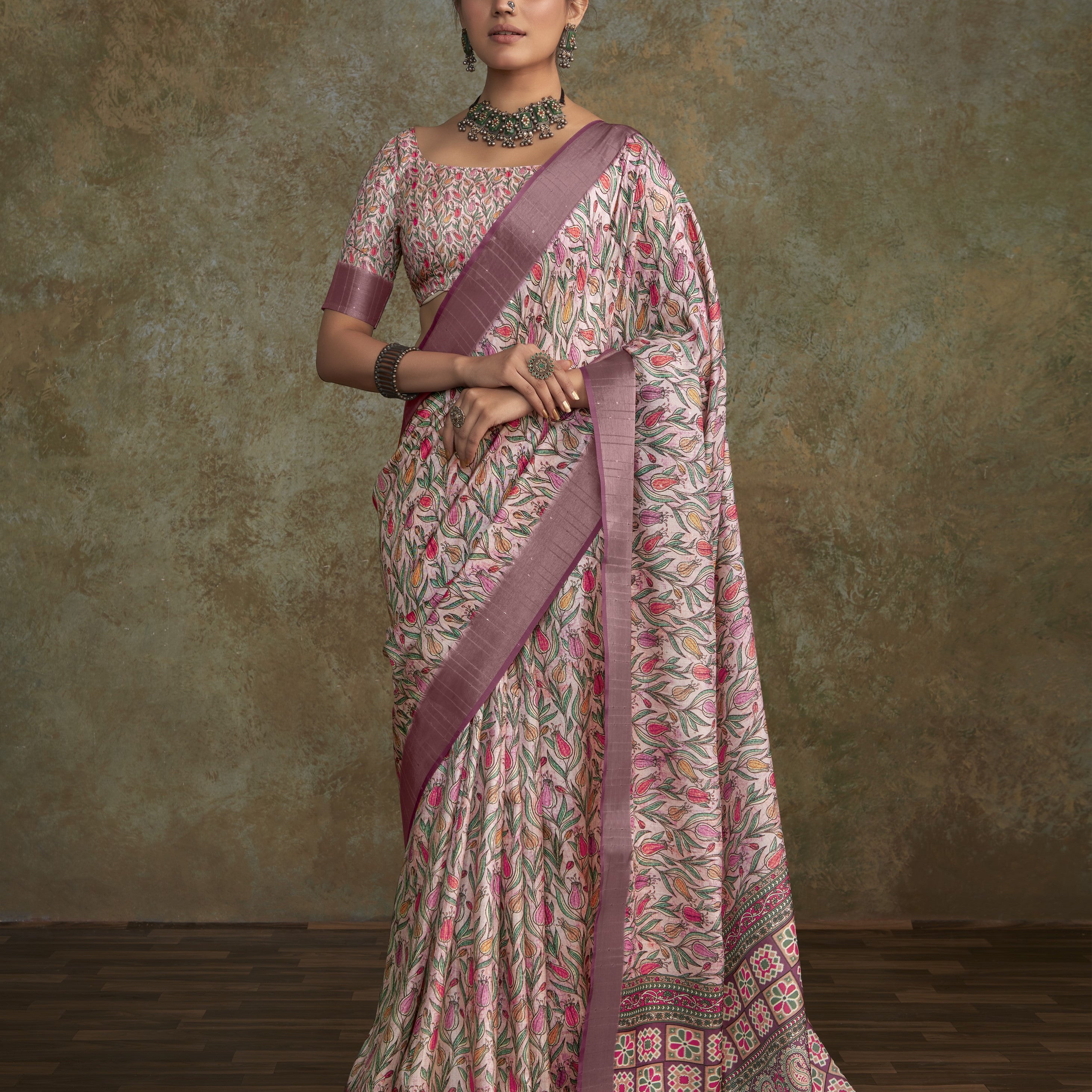 Printed Silk Saree with Lustrous Zari Border