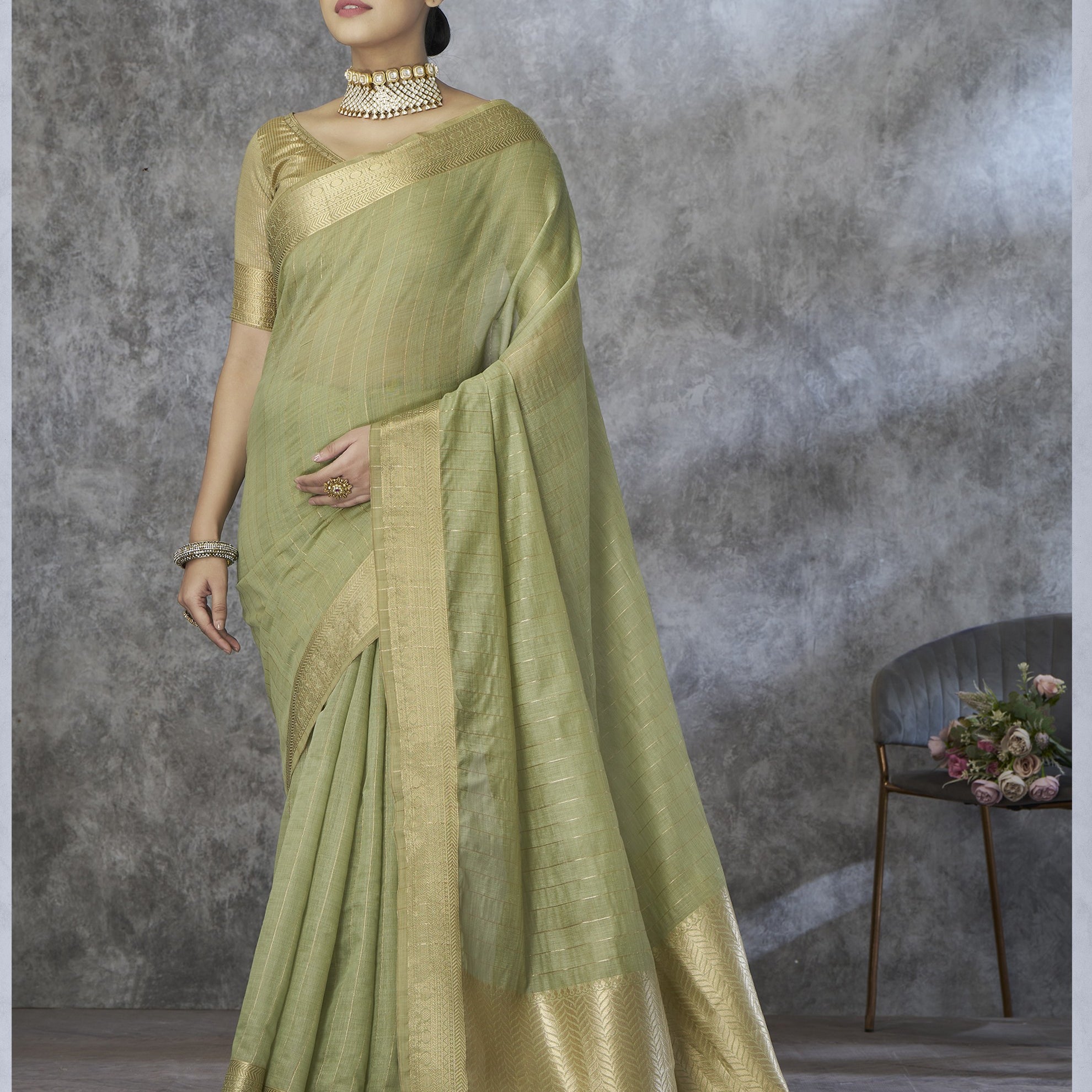 Silk Blend Saree with Gold Zari Border