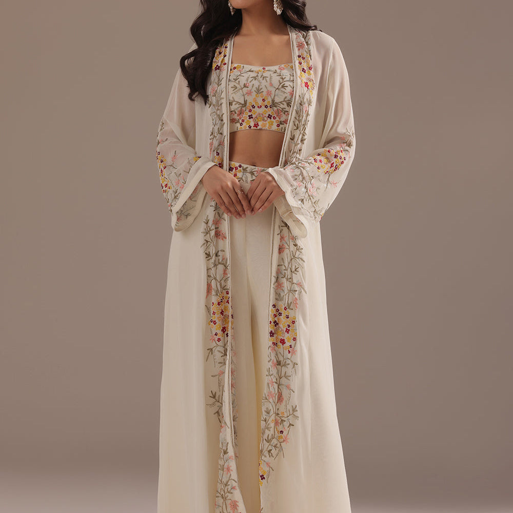 Ivory Floral Co-ord Set With Long Jacket