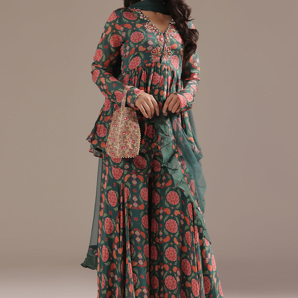 Black Floral Georgette Sharara Suit With Black Dupatta