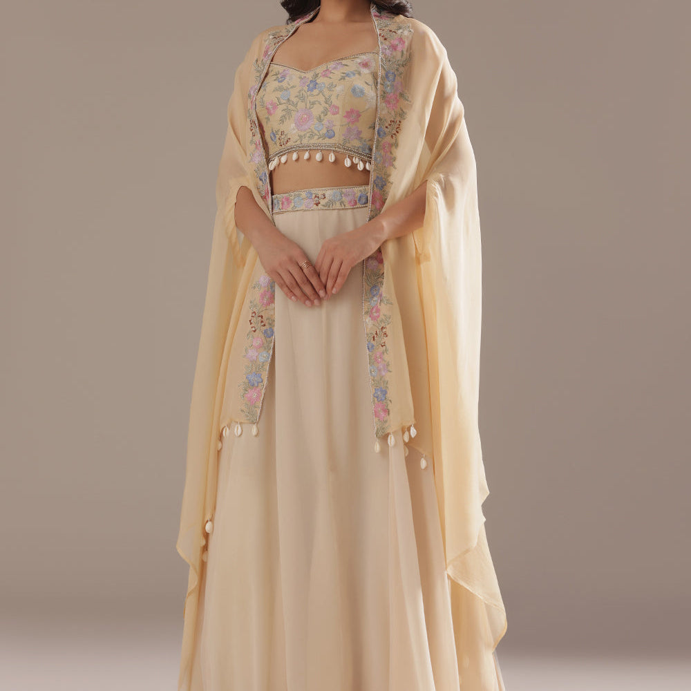 Ivory Flared Skirt & Dupatta With Pastel Embroidered Blouse