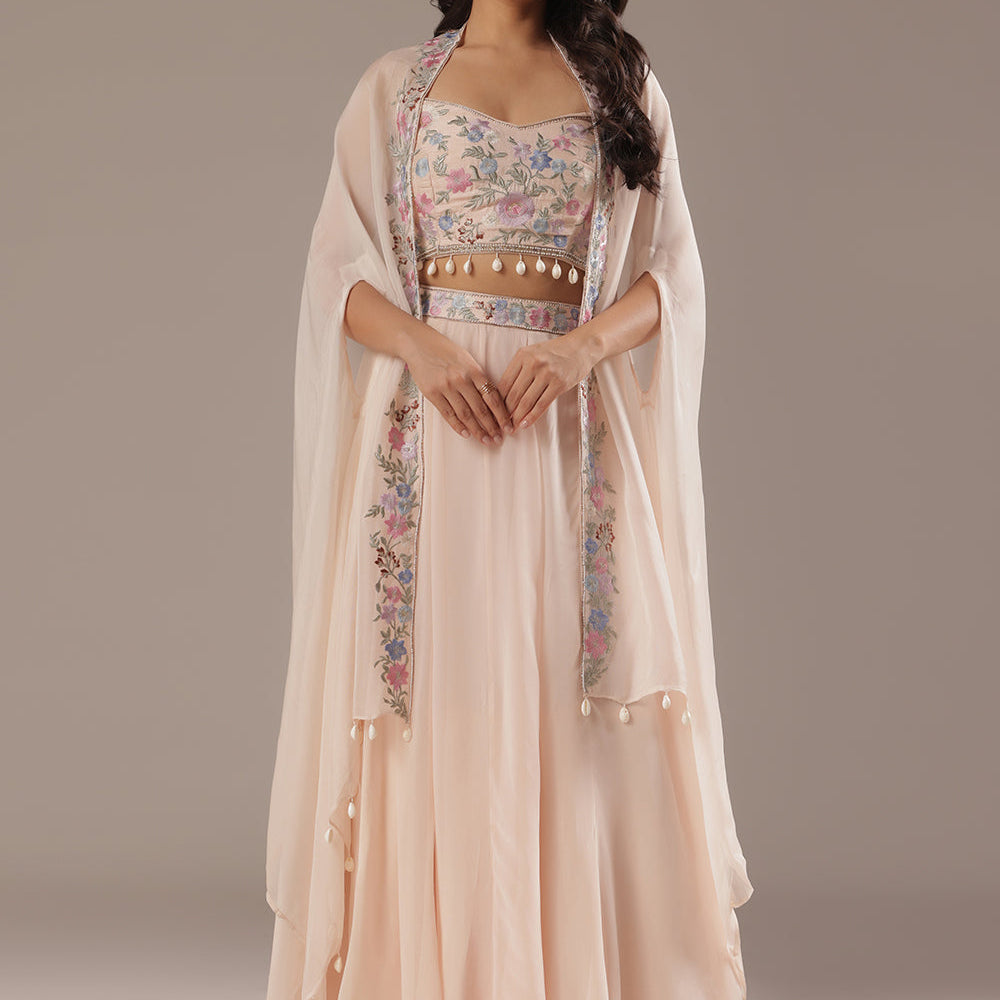 Ivory Flared Skirt & Dupatta With Pastel Embroidered Blouse