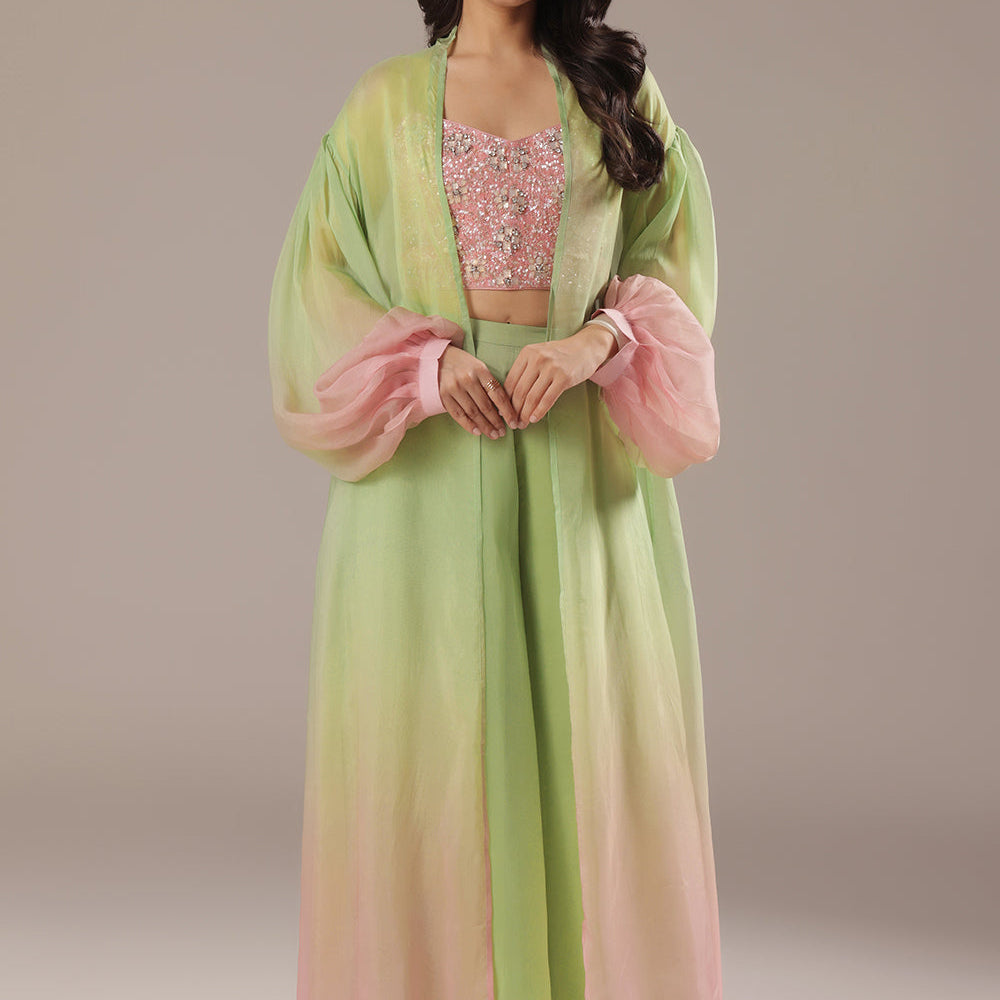Greenish Pink Sharara Suit Paired With A Cape