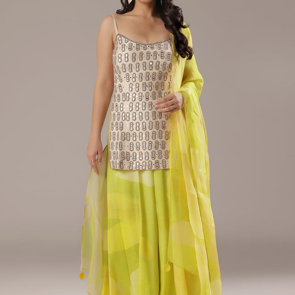 Lime Yellow Sharara Set With Mirror Embroidered Kurti