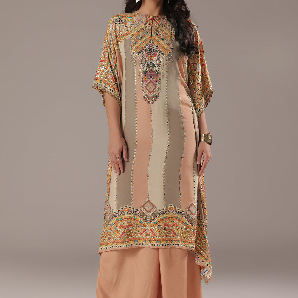 Yellow Crepe Kaftan With Printed Palazo