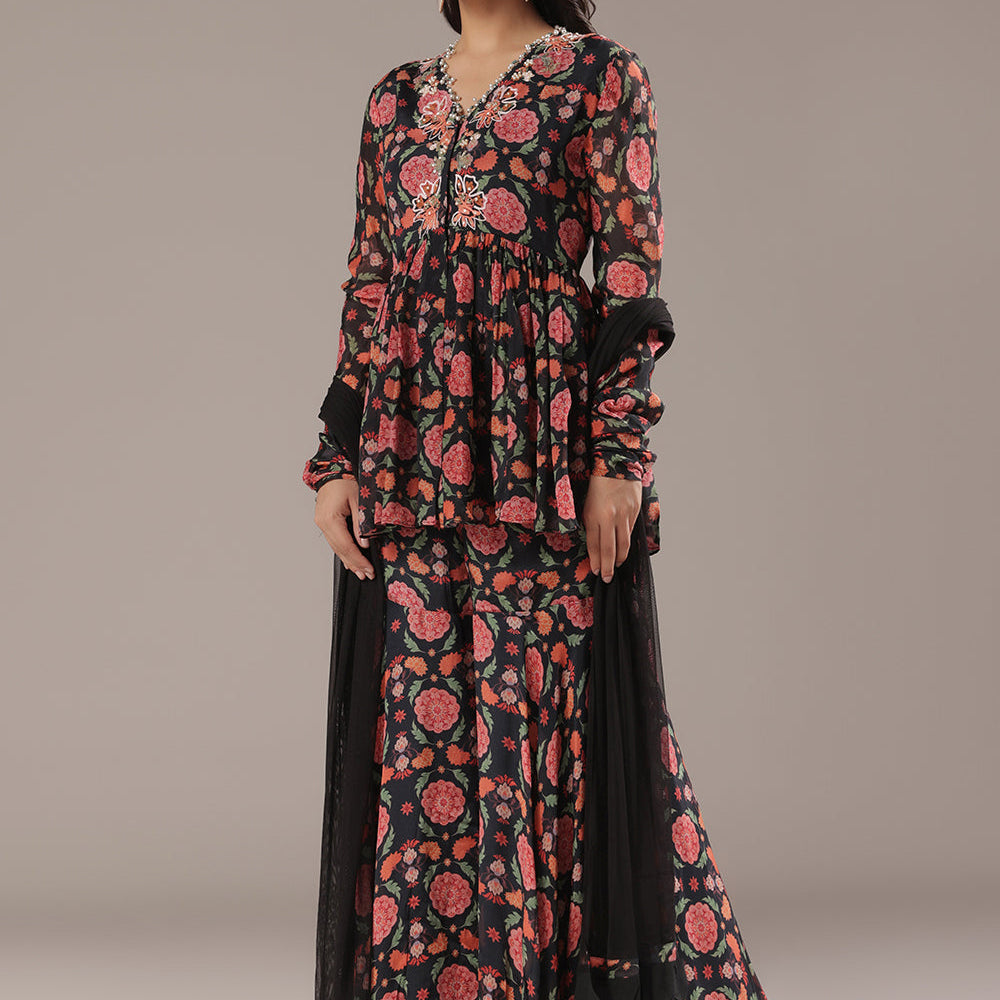 Black Floral Georgette Sharara Suit With Black Dupatta