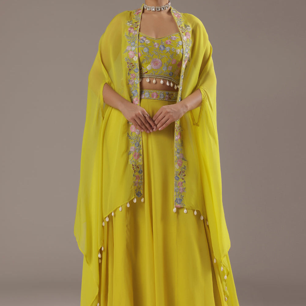 Ivory Flared Skirt & Dupatta With Pastel Embroidered Blouse