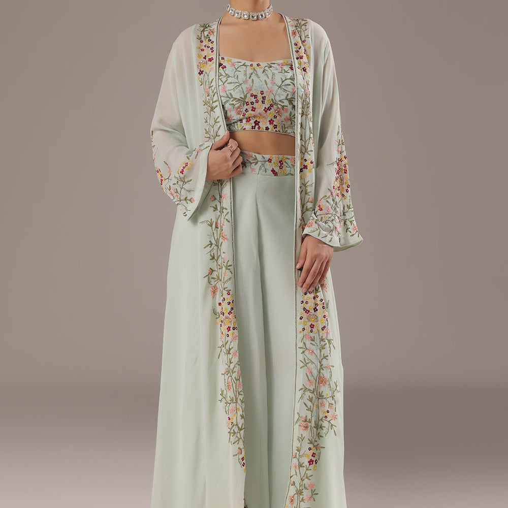 Ivory Floral Co-ord Set With Long Jacket