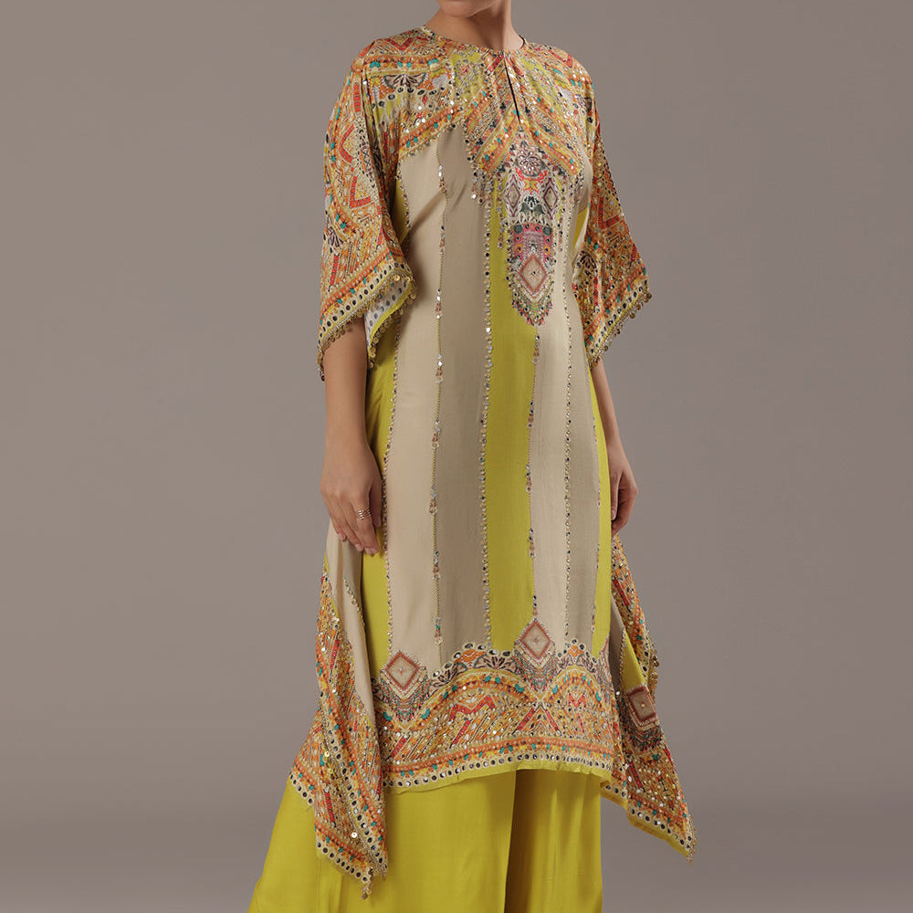 Yellow Crepe Kaftan With Printed Palazo