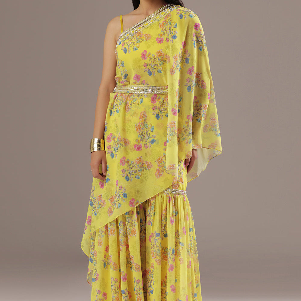 Printed Yellow Cape with Pearl & Moti Embellishments