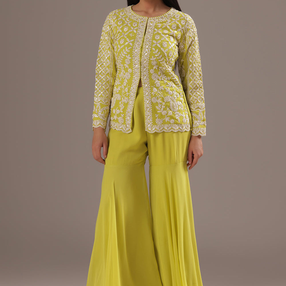 Lime Yellow Thread Work Gharara Set