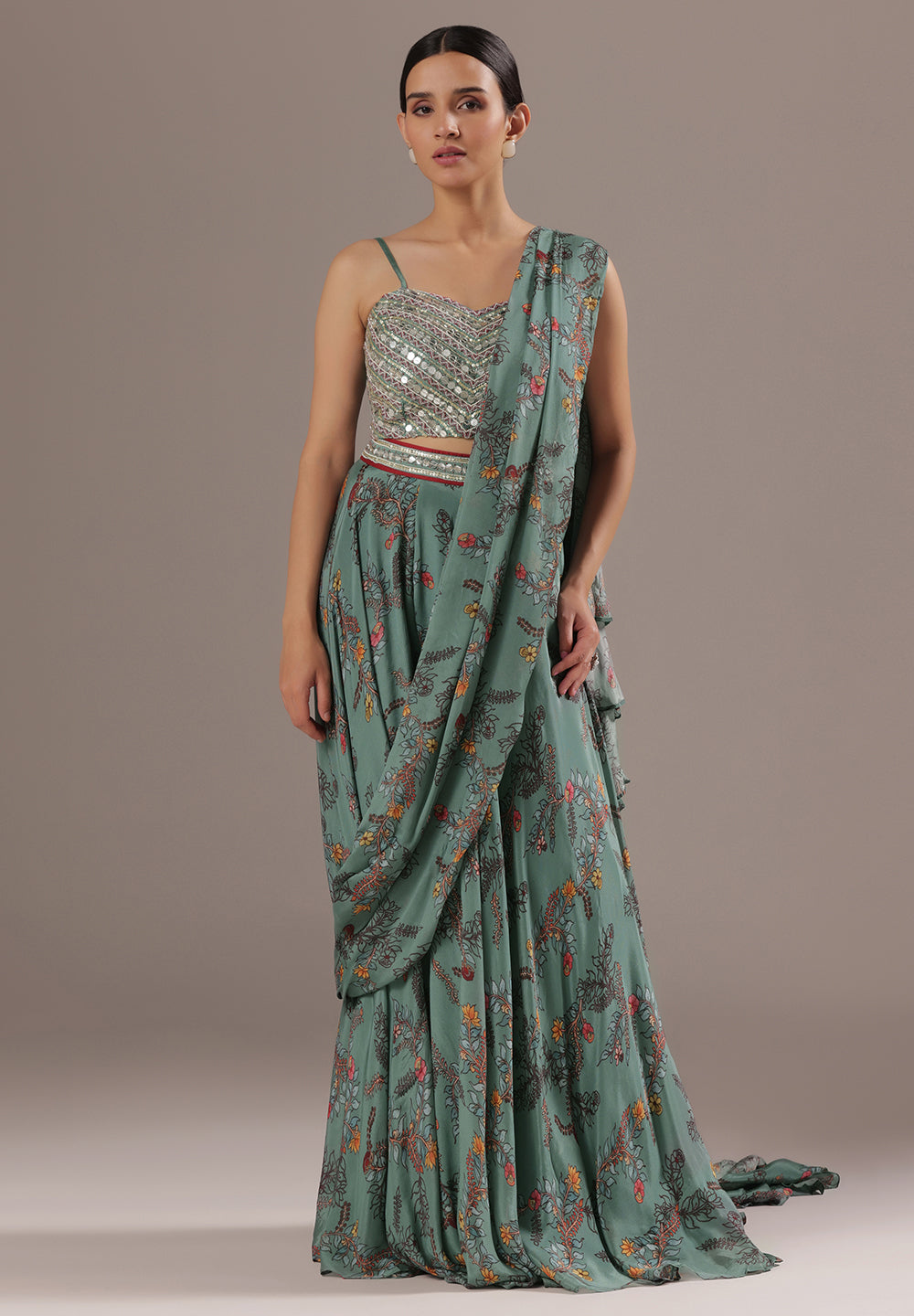 Chinon Hand-Embroidered Pre-Draped Saree with Pearl Blouse