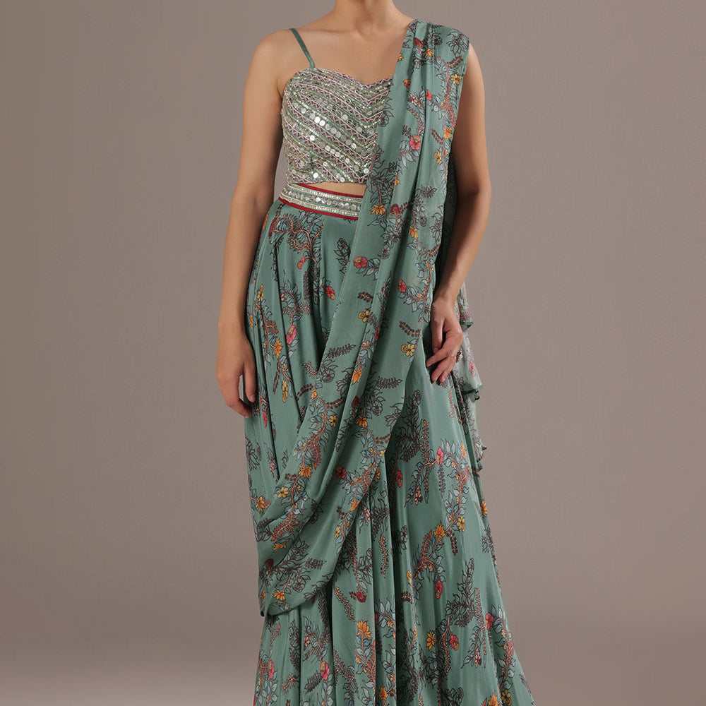 Chinon Hand-Embroidered Pre-Draped Saree with Pearl Blouse