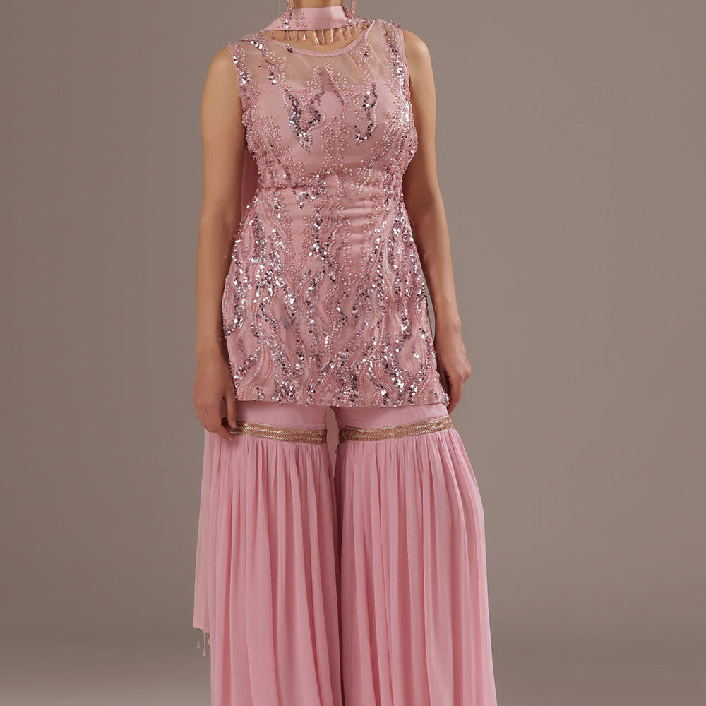 Pink Sharara Set With Pearls And Sequins Work
