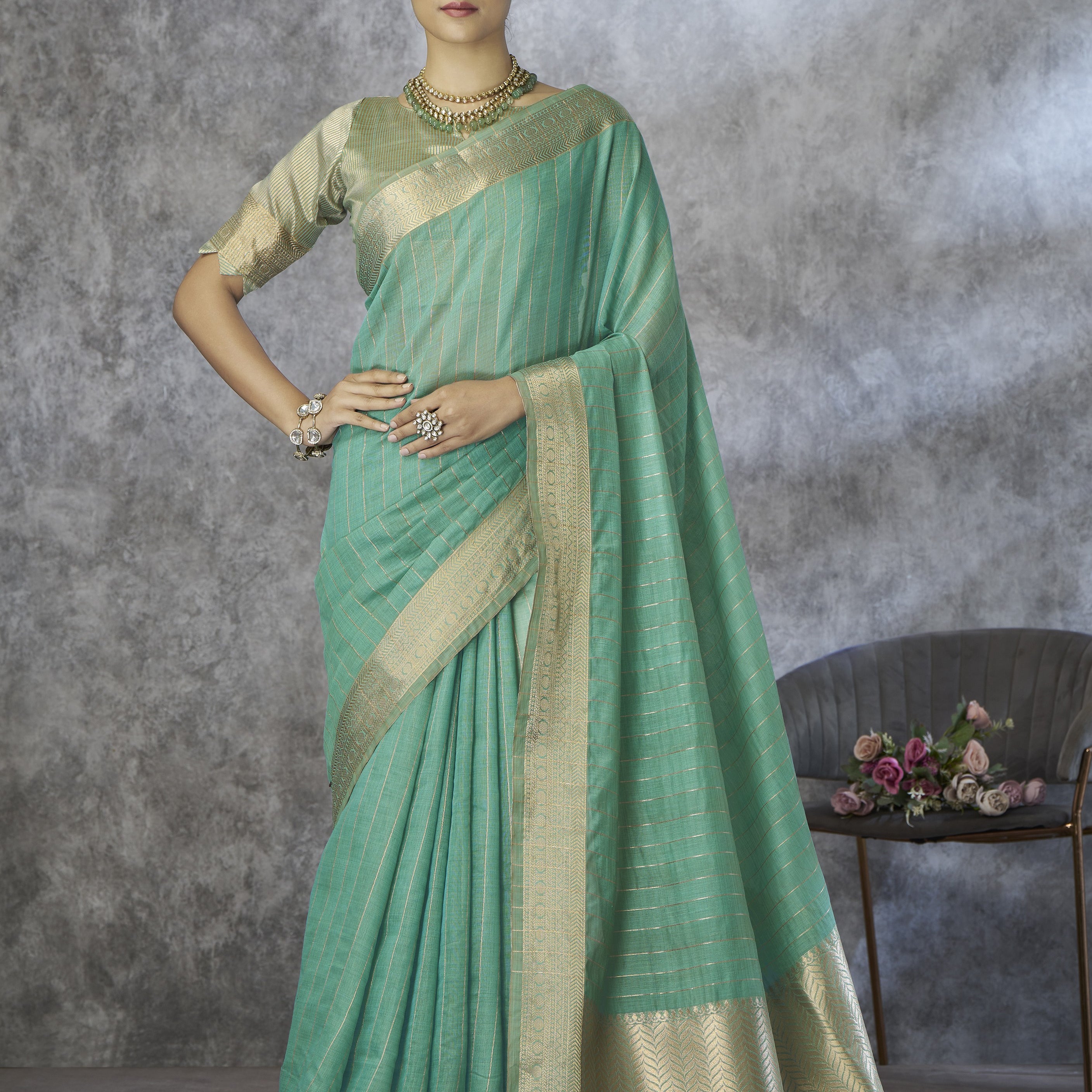 Silk Blend Saree with Gold Zari Border