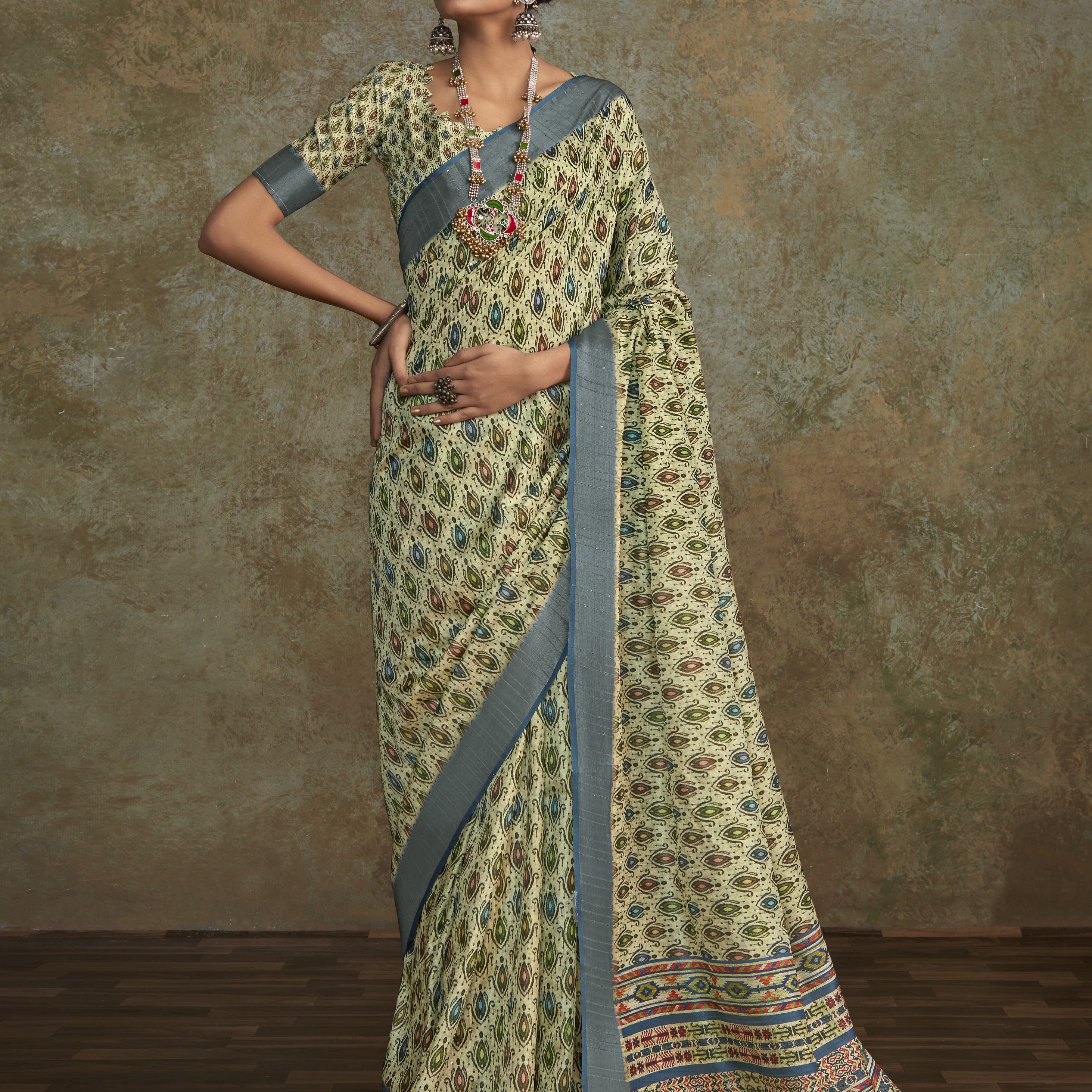 Printed Silk Saree with Lustrous Zari Border