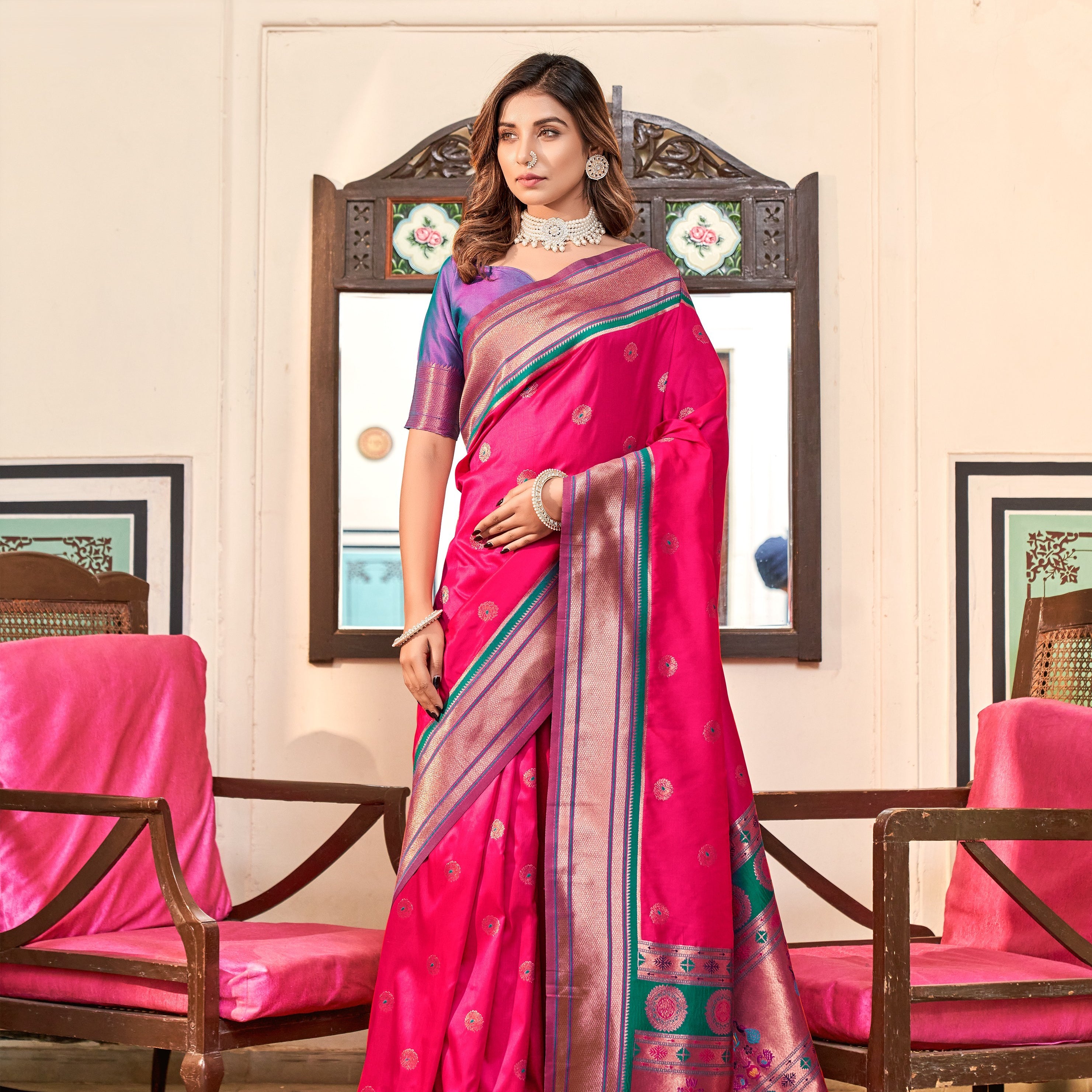 Regal Radiance Silk Paithani Saree with Copper Zari Border
