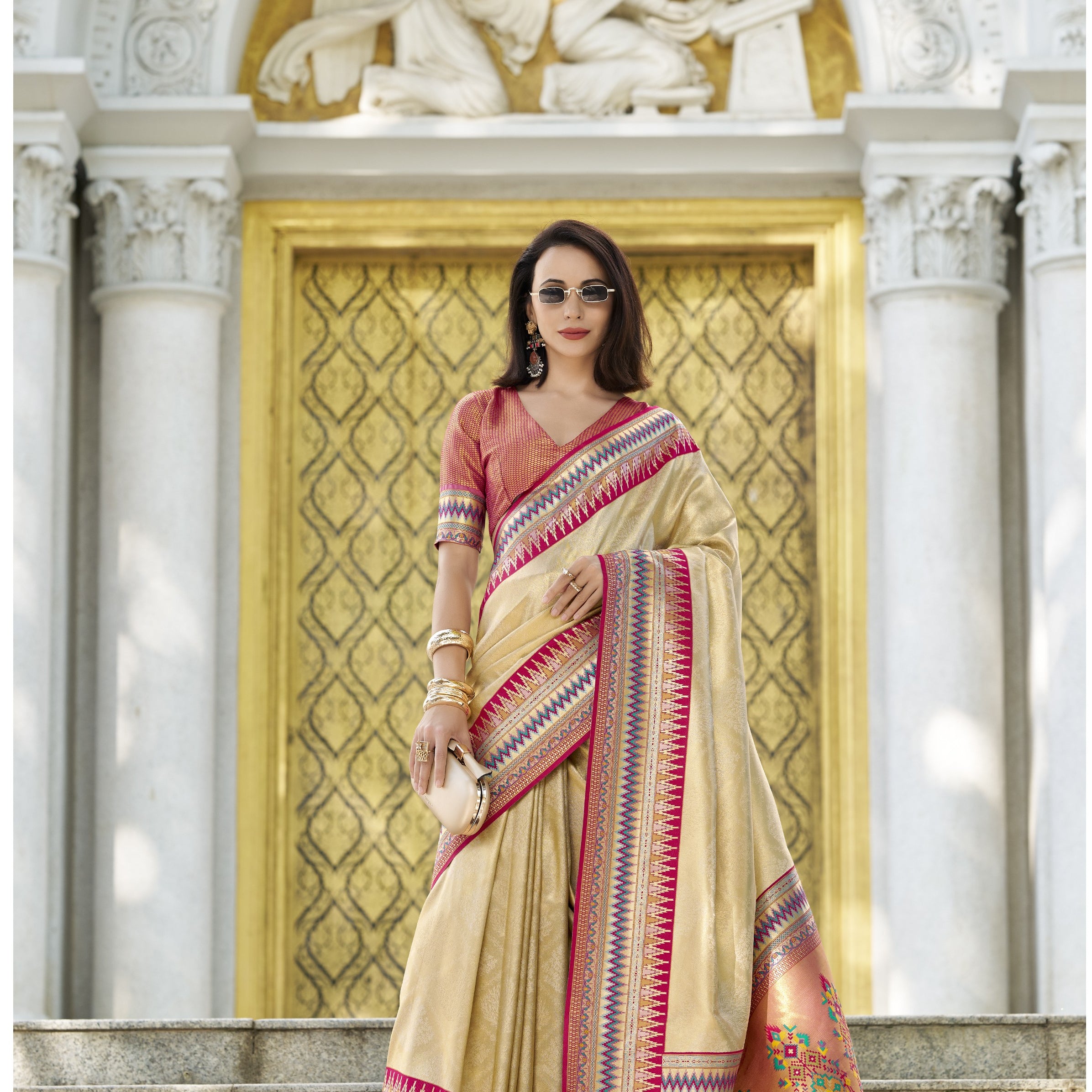 Banarasi Silk Saree with Multicolored Patola-Style Border