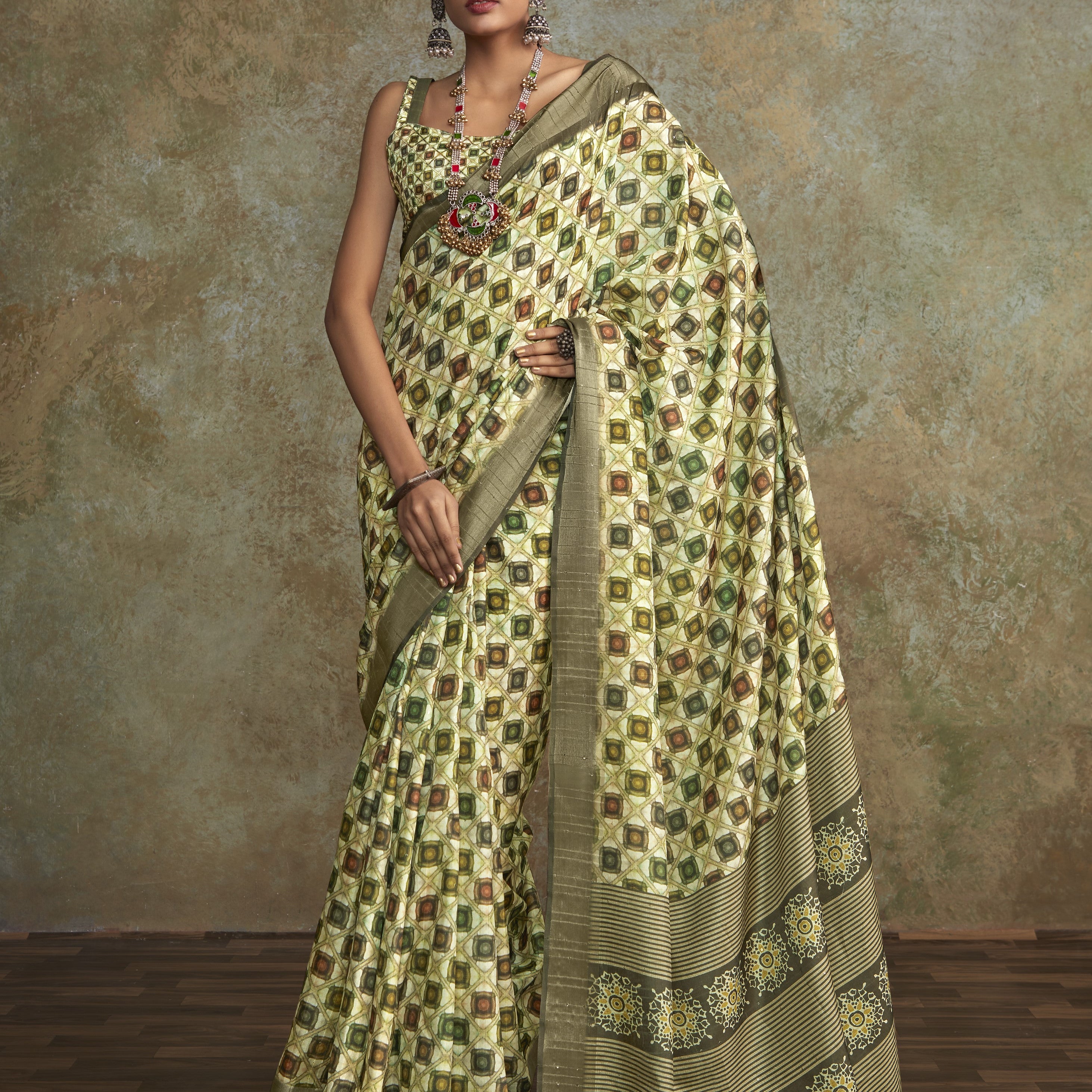 Printed Silk Saree with Lustrous Zari Border