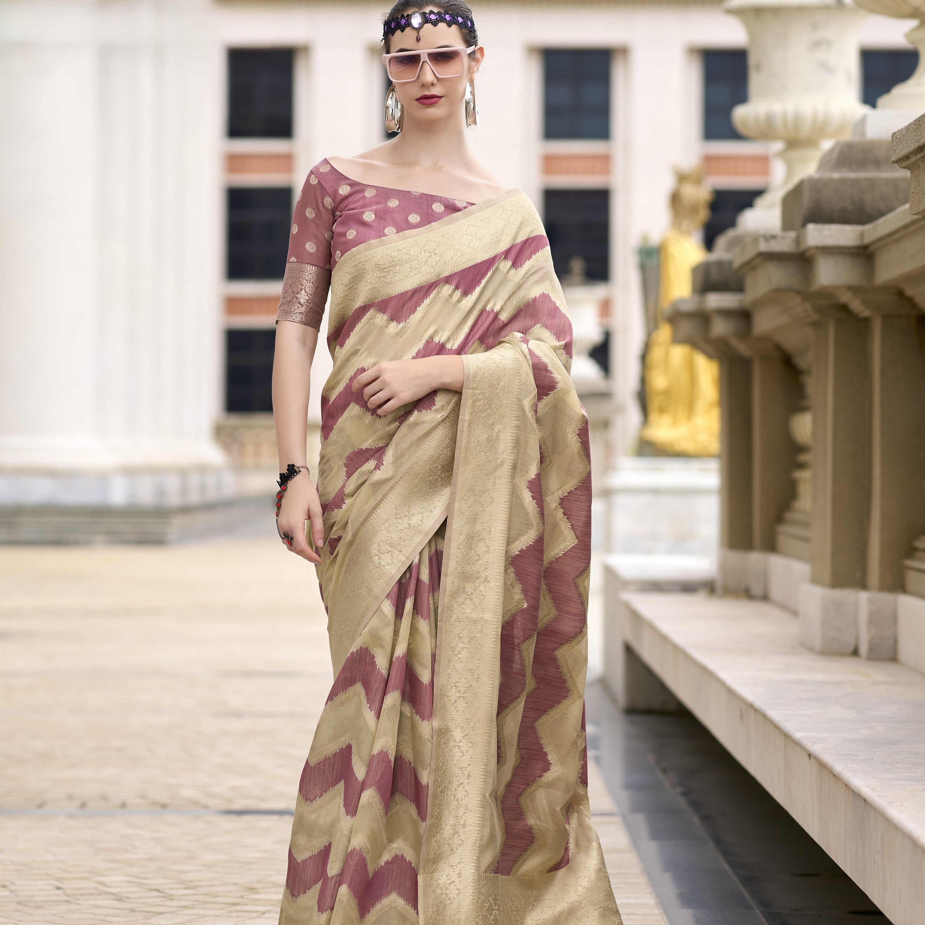 Banarasi Silk Saree with a Chevron (Zigzag) Zari Weave
