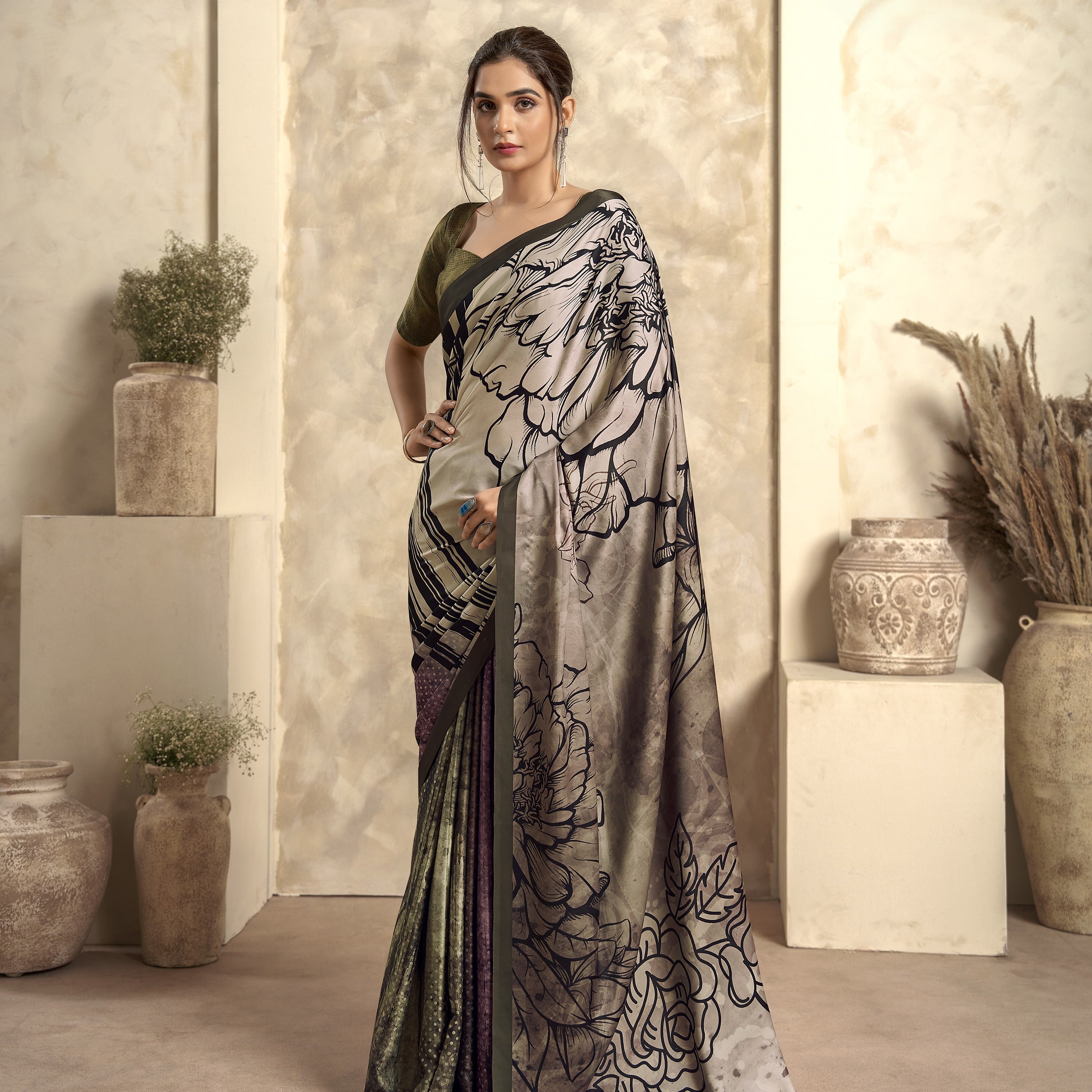 Multi Printed Satin Crepe Saree