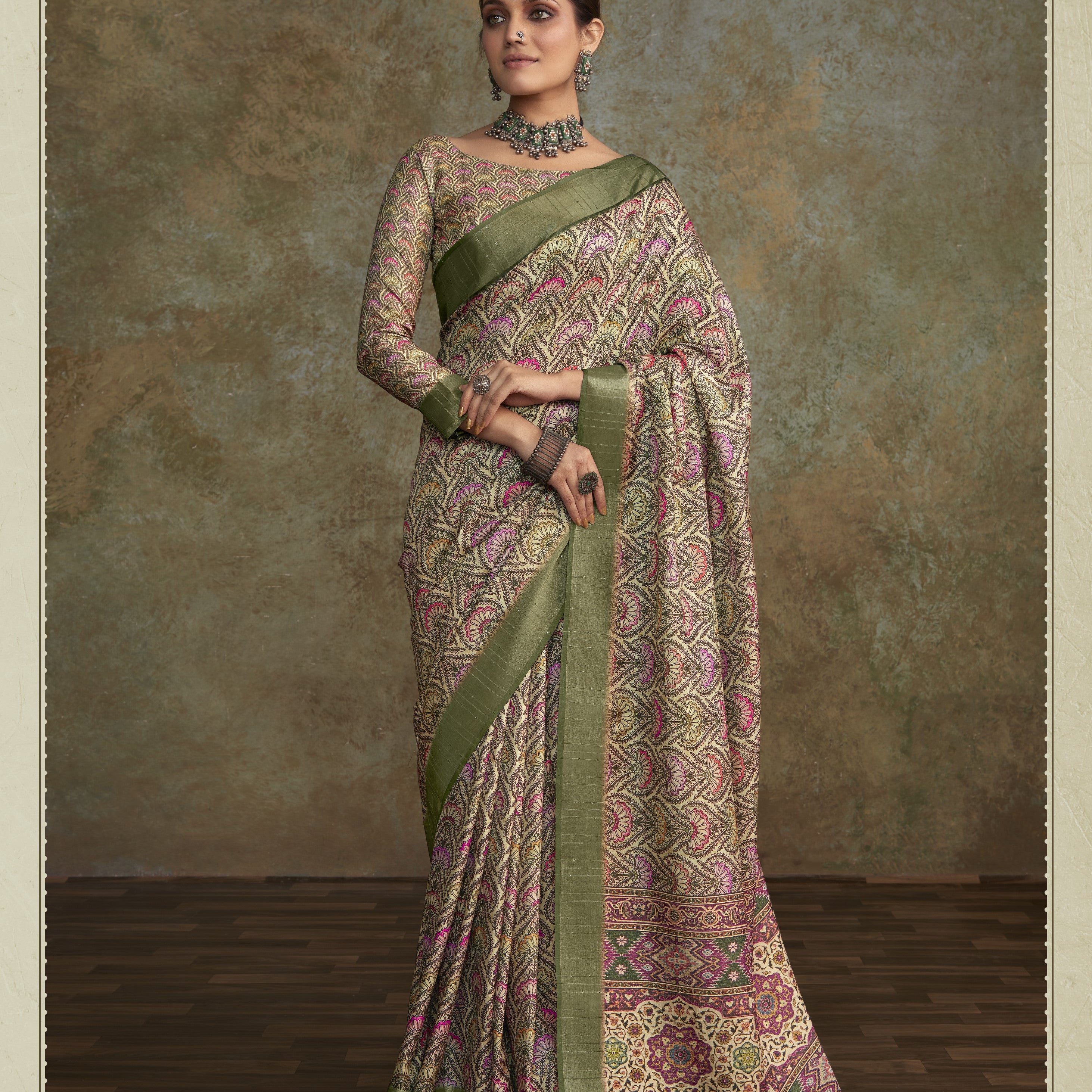 Printed Silk Saree with Lustrous Zari Border